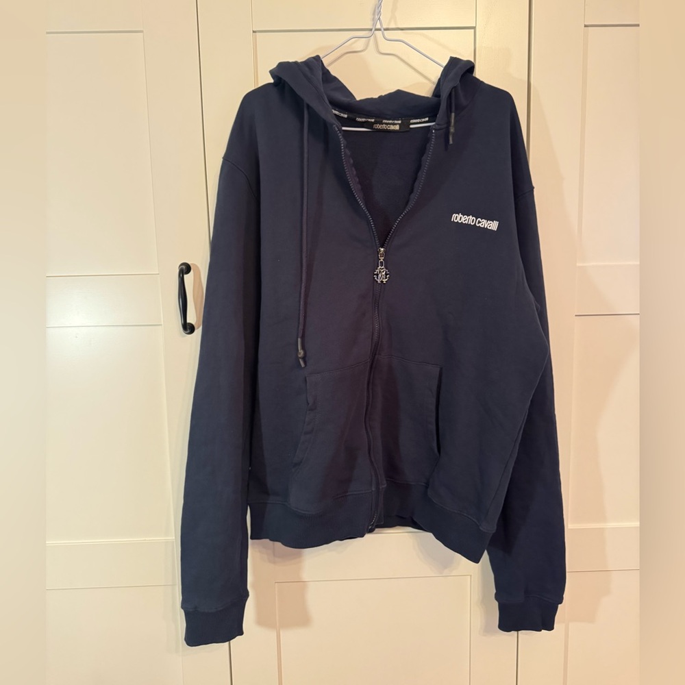 Roberto Cavalli Navy and Gold Logo Sweatshirt full zip hoodie men’s XL